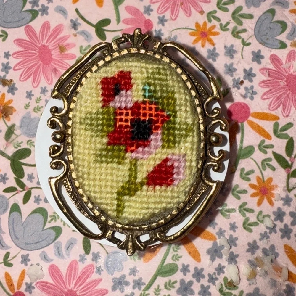 Vintage 1970’s Floral Needlepoint Brooch or Pendant with Gold Frame